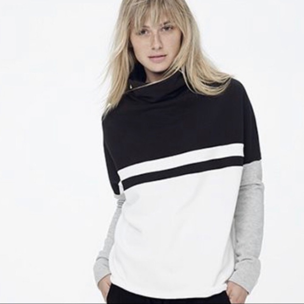 James Perse Funnel-Neck Boxy Sweatshirt Colorblock Striped Comfy Basic Cotton